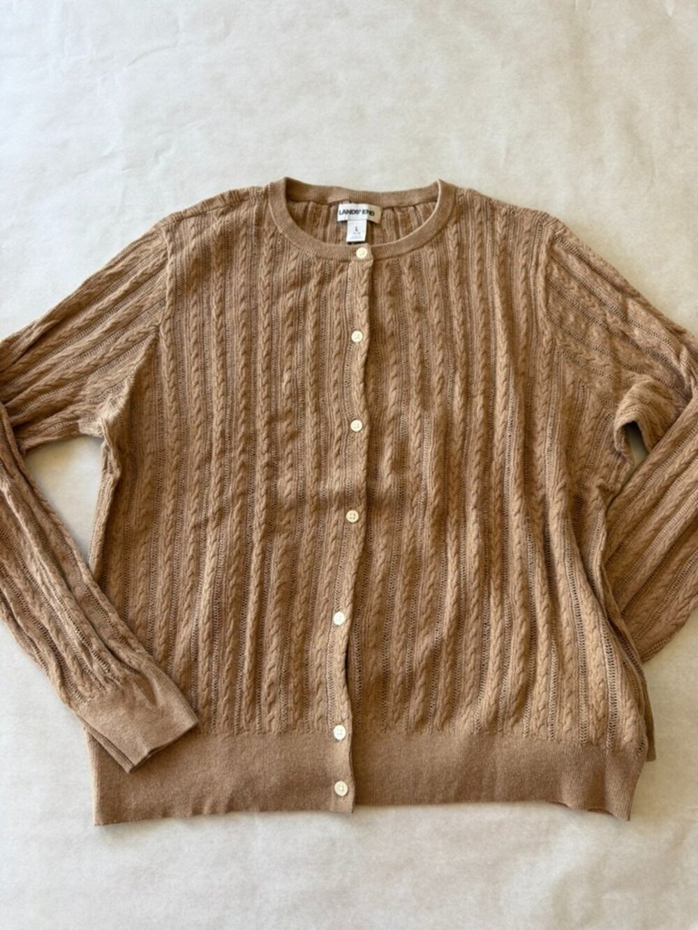 Lands End Cable Knit Button Front Cardigan Beige Cotton Sz L